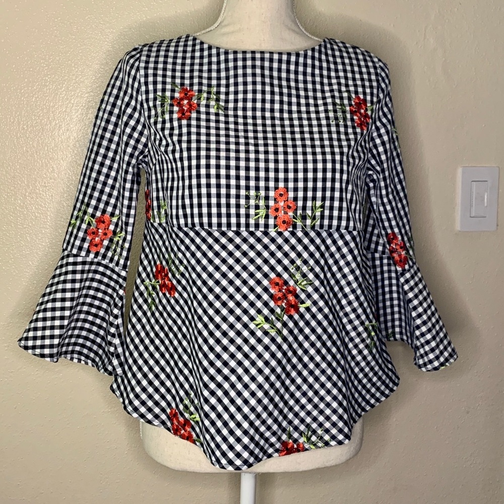 Monteau Poppy Flower B&W Checkered Blouse